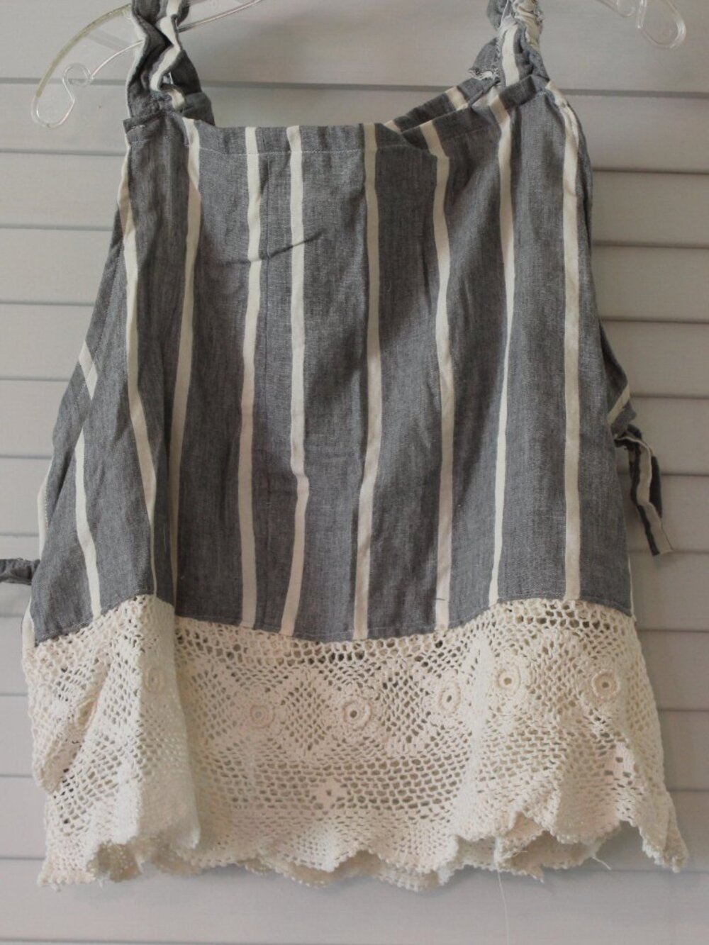 Upcycled Womens sleeveless top with grey/faded black fabric with white stripes